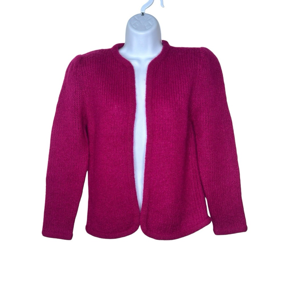 VTG Meredith Wool Open Front Cardigan Sweater Womens Knit SMALL S Raspberry 70s